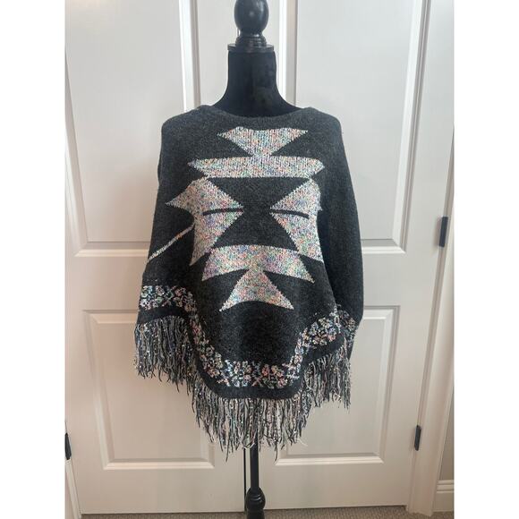 Southwestern Knitted Dark Gray with Pastel Aztec Tribal Design and Fringe Pancho - Picture 2 of 6